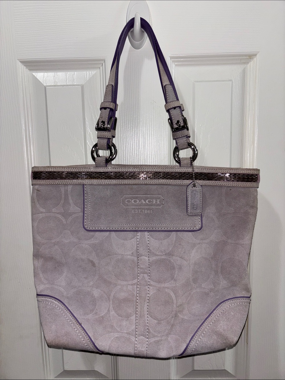 COACH Lavender Suede Tote with Purple Trim - Picture 2 of 8
